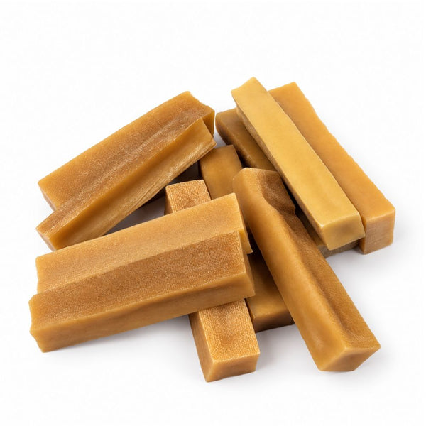 Handmade Himalayan yak cheese dog chews made with yak milk, cow milk, lime juice, and salt, offering a firm, protein-rich, rawhide-free chew in 10-count packs available in five sizes from Small to XXL.