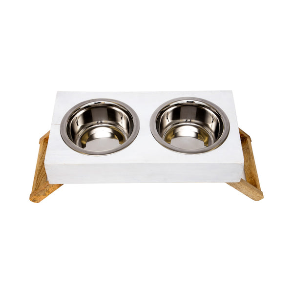 Eco-friendly elevated wood dog feeder in distressed white