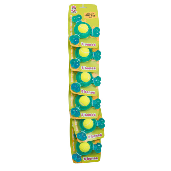 3 bone TPR tennis ball dog chew toy 6 pack clip strip display
