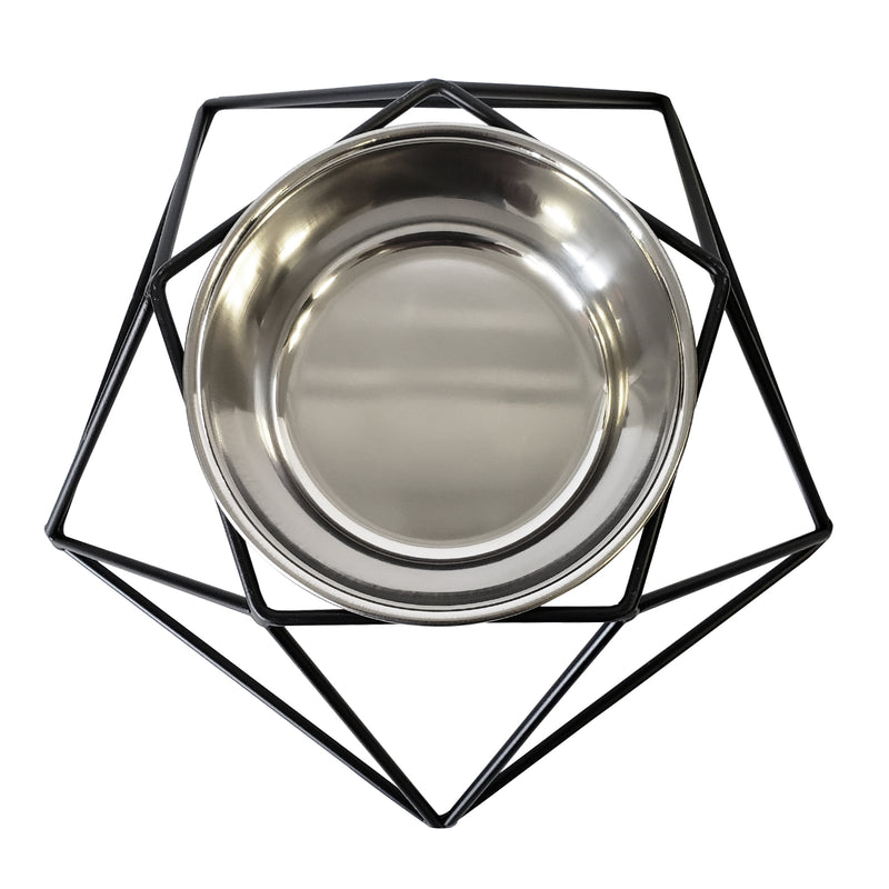 Modern Hexagonal Black Geometric Dog Feeder with Stainless Steel Bowl