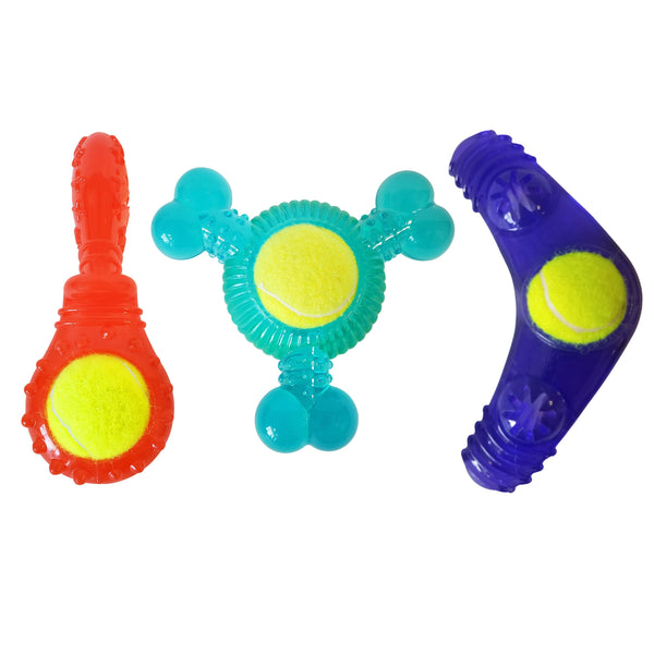 tennis ball dog toy variety pack boomerang bone squeaker and orange ball