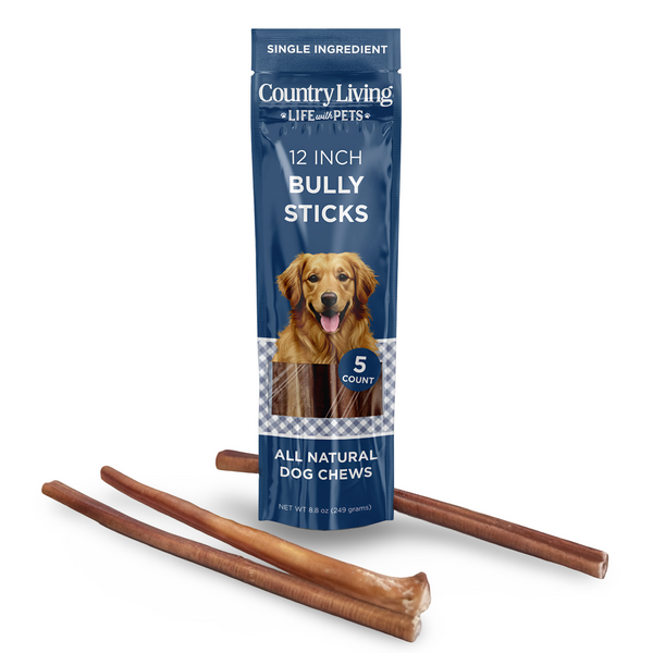 Country Living 12” Bully Sticks for Dogs – Standard – 5 Count Bag – All-Natural, Single-Ingredient, Long-Lasting Dog Chews