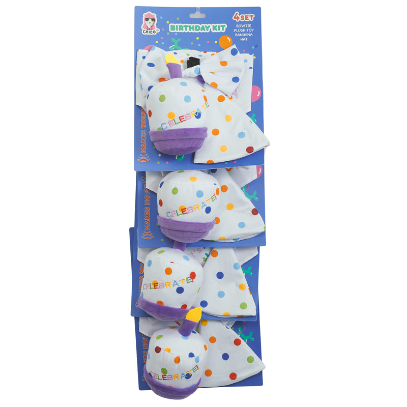 4-Piece Dog Birthday Kit: Bandana, Hat, Bow Tie, Plush Toy (4-Pack on Clip Strip)