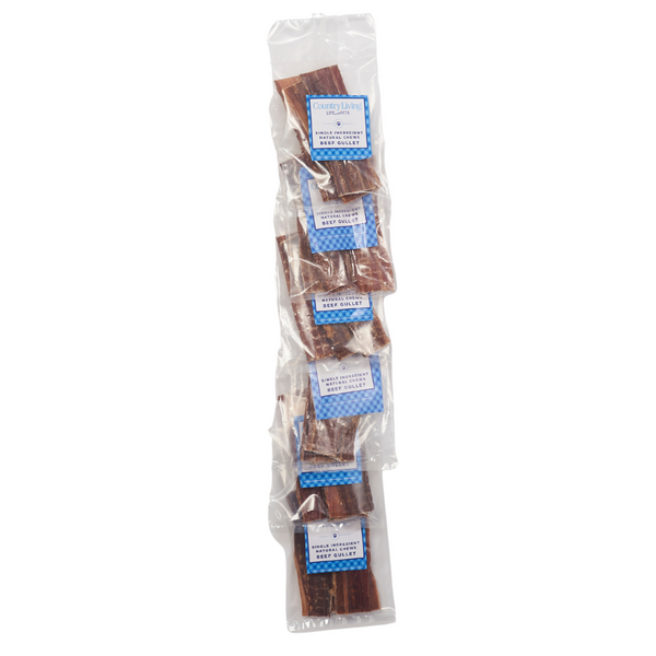 All-Natural Beef Gullet Flats/Strips Dog Treats - 4 Pieces per Bag, Sold in a 6-Pack on a Clip Strip with S-Hook