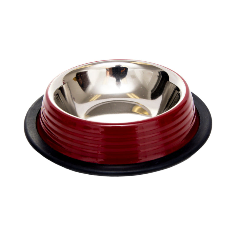 Ribbed No Tip Non Skid Colored Stainless Steel Bowl - Merlot Red