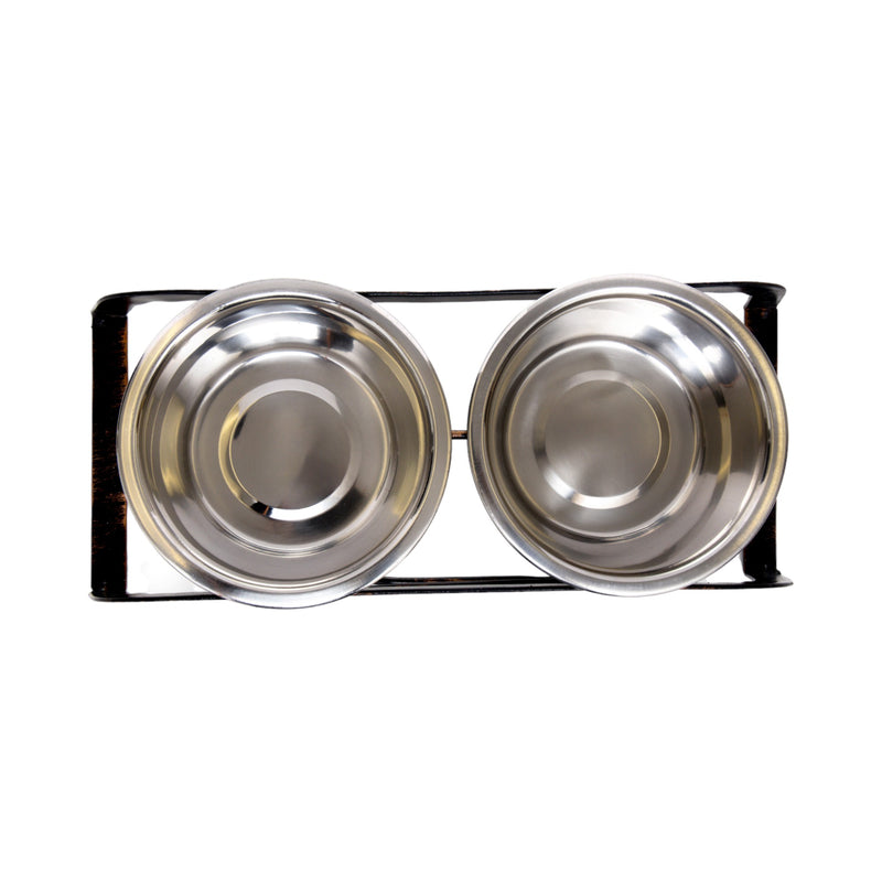 Rustic Elevated Dog Bone Feeder with 2 Stainless Steel Bowls