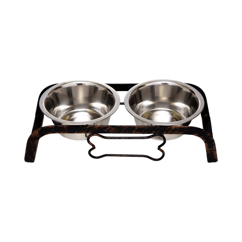 Rustic Elevated Dog Bone Feeder with 2 Stainless Steel Bowls