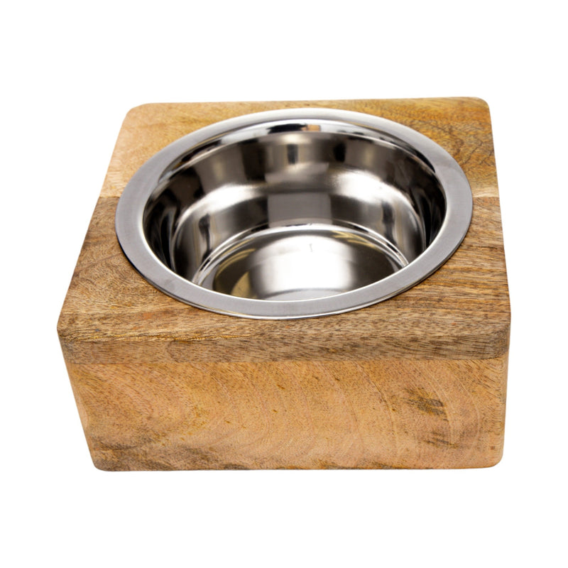 Stainless Steel Dog Bowl with Square Mango Wood Holder