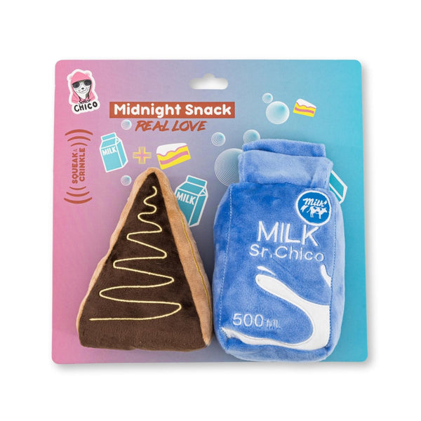 Midnight Snack Two-Piece Plush Dog Toy Gift Set: Cake Slice and Milk Design
