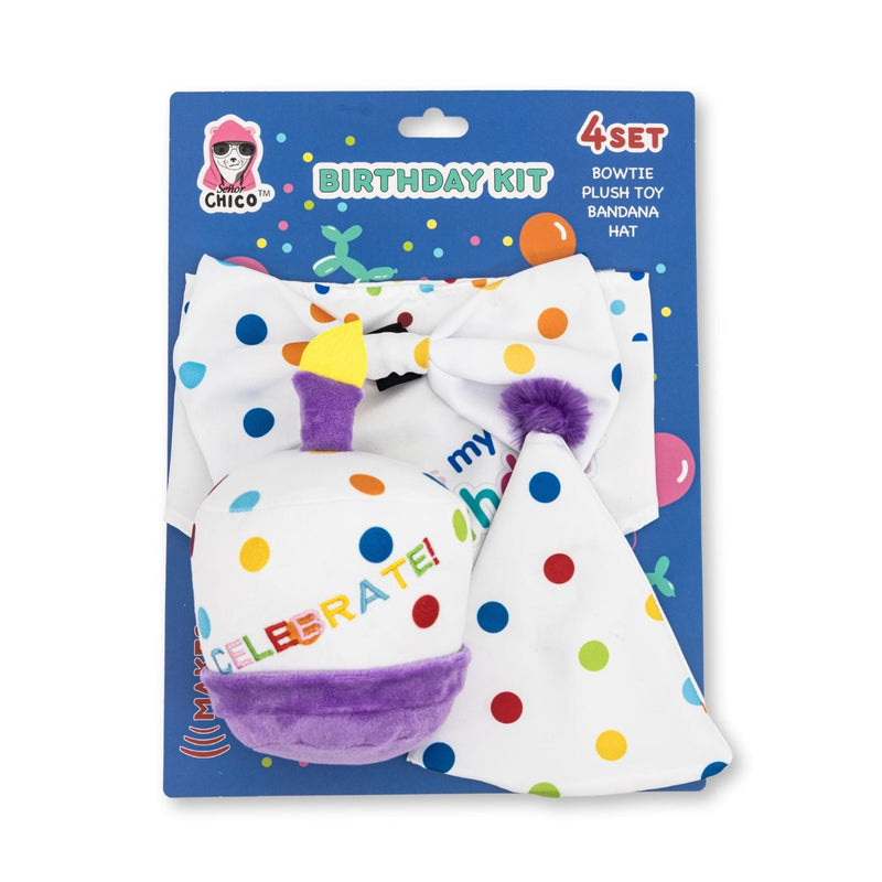 4-Piece Dog Birthday Kit: Bandana, Hat, Bow Tie, Plush Toy (4-Pack on Clip Strip)