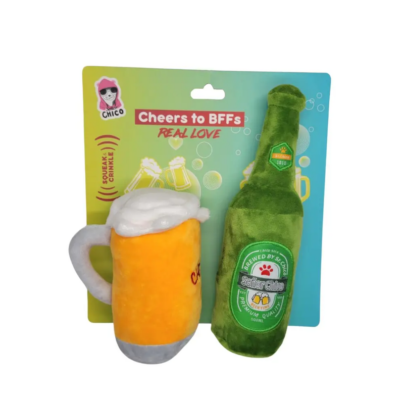 Beer-Cheers Crinkle and Squeaky Plush Dog Toy Combo Gift Set