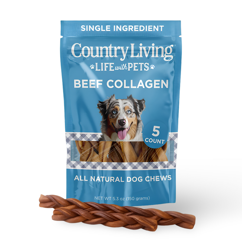 Country Living 6” Braided Collagen Sticks for Dogs – 5 Count Bag – All-Natural, Long-Lasting Dog Chews – High in Protein & Collagen – Rawhide-Free, Grain-Free – Supports Dental Health