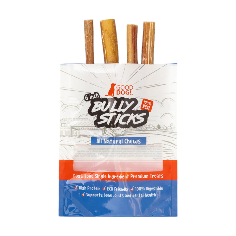 6” Standard Beef Bully Stick Dog Treats (4 per Bag) – All-Natural, Sin
