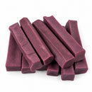 Handmade Himalayan yak cheese dog chews with natural blueberry flavor, made from yak milk, cow milk, lime juice, and salt, offering a firm, protein-rich, rawhide-free chew in 10-count packs available in Small, Medium, and Large.