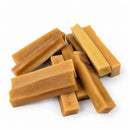 Handmade Himalayan yak cheese dog chews made with yak milk, cow milk, lime juice, and salt, offering a firm, protein-rich, rawhide-free chew in 10-count packs available in five sizes from Small to XXL.