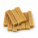 Handmade Himalayan yak cheese dog chews made with yak milk, cow milk, lime juice, and salt, offering a firm, protein-rich, rawhide-free chew in 10-count packs available in five sizes from Small to XXL.