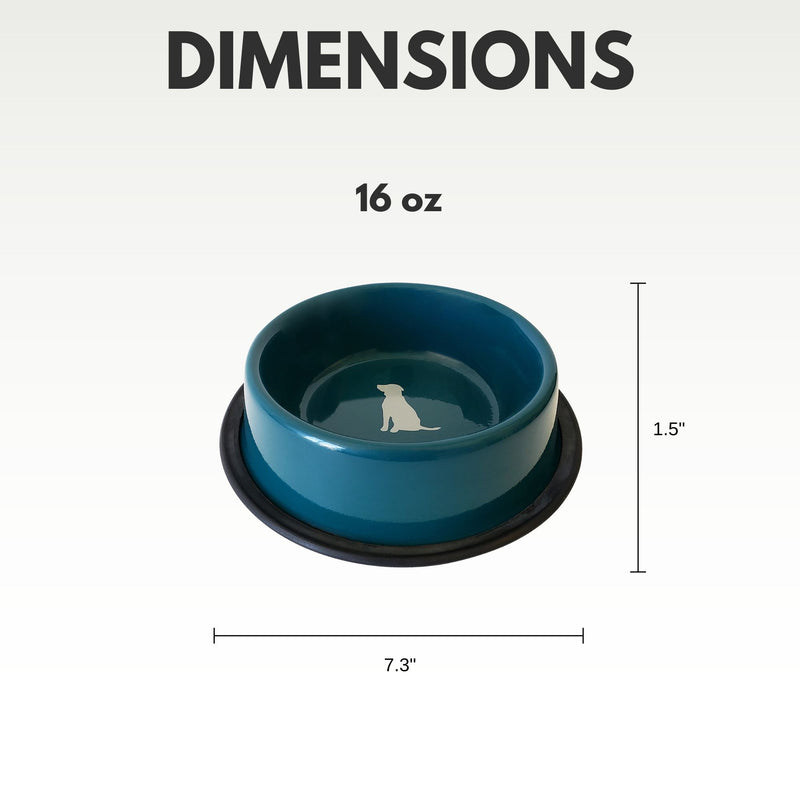Nonskid Dog Bowl with Cool Gray Dog Silhouette - Teal