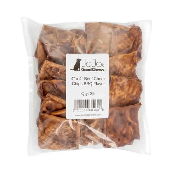 Beef Cheek Chips Dog Treats - BBQ Flavor Basted (4”x4”) - 25/Bag