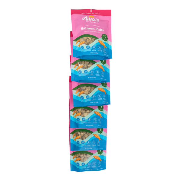 Ava’s Pet Palace freeze dried salmon puffs dog treats 6 pack on clip strip