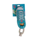 Blue plush sneaker dog toy with squeaker