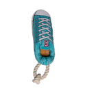 Blue plush sneaker dog toy with squeaker