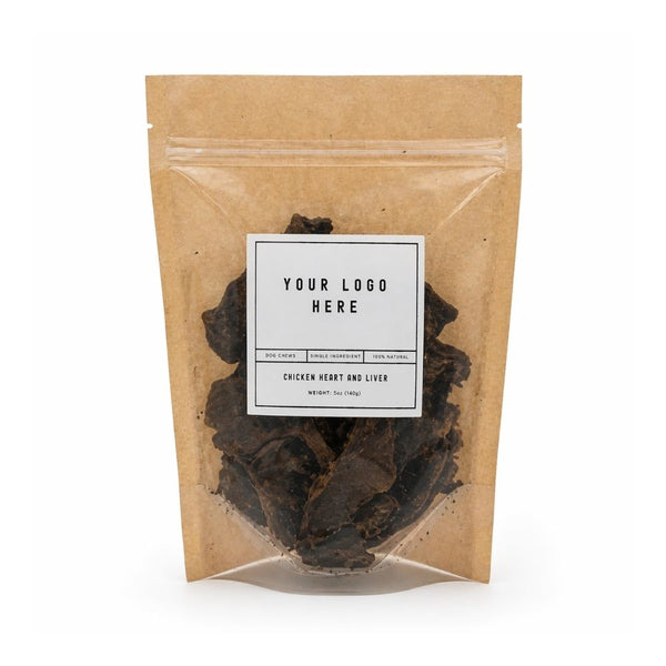 Dehydrated Chicken Hearts & Livers – Private Label | 4oz Resealable Kraft Bag | Labeled or Unlabeled
