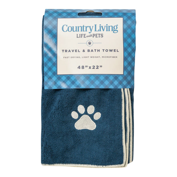 Country Living quick drying microfiber dog bath towel with paw print in blue