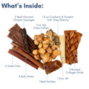 Charcuterie-style natural dog treat board with assorted chews and treats