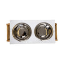 Eco-friendly elevated wood dog feeder in distressed white