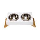 Eco-friendly elevated wood dog feeder in distressed white