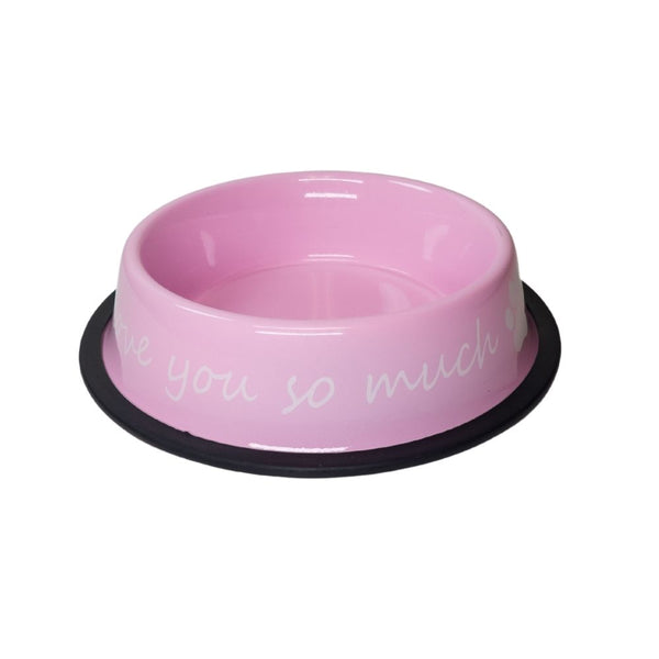 stainless steel dog bowl with I love you message