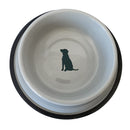 cool gray stainless steel dog bowl with dog print
