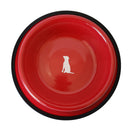 red stainless steel dog bowl with dog print design