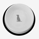 Non skid stainless steel dog bowl with white and gray dog print