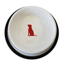 white stainless steel dog bowl with red dog design