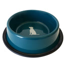 Teal non-skid dog bowl with gray silhouette design