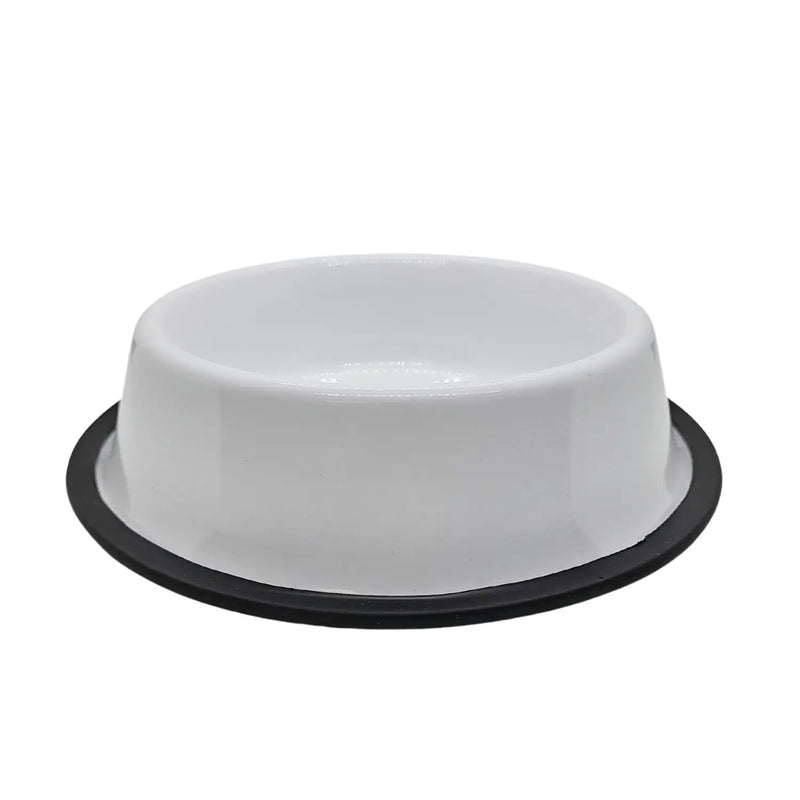 Non Skid Stainless Steel Dog Bowl with Dog Print - White