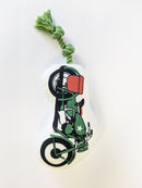 Retro army motorcycle plush dog toy with durable stitching