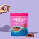 Ava's Pet Palace salmon jerky dog treats on hanging clip strip display