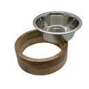 Stainless steel dog bowl with cylindrical mango wood holder