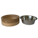 Stainless steel dog bowl with cylindrical mango wood holder