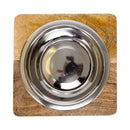 Stainless steel dog bowl with square mango wood holder