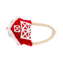 Durable vegan leather dog chew toy shaped like a red barn
