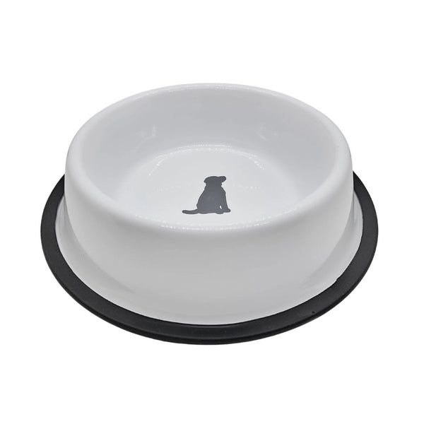 Non Skid Stainless Steel Dog Bowl with Dog Print - White