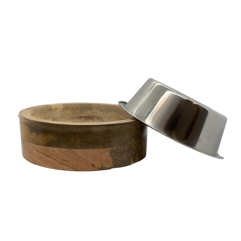 Stainless Steel Dog Bowl with Cylindrical Mango Wood Holder