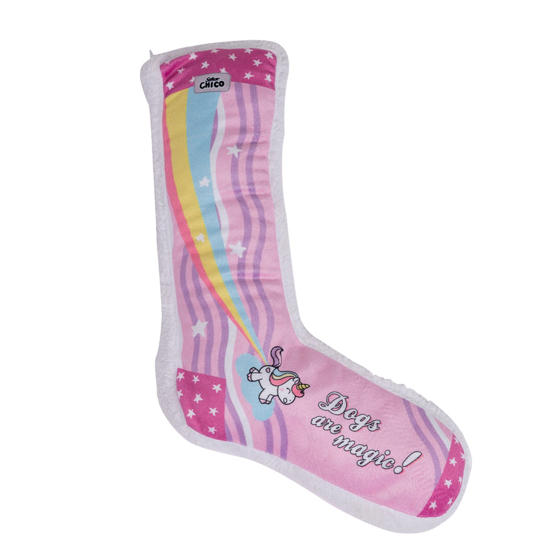 Squeaking Comfort Plush Dog Toy Stocking Style Sock Combo (Unicorn and Squirrel)