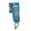 Blue plush sneaker dog toy with squeaker