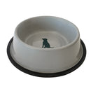 cool gray stainless steel dog bowl with dog print