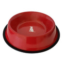 red stainless steel dog bowl with dog print design