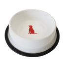 white stainless steel dog bowl with red dog design